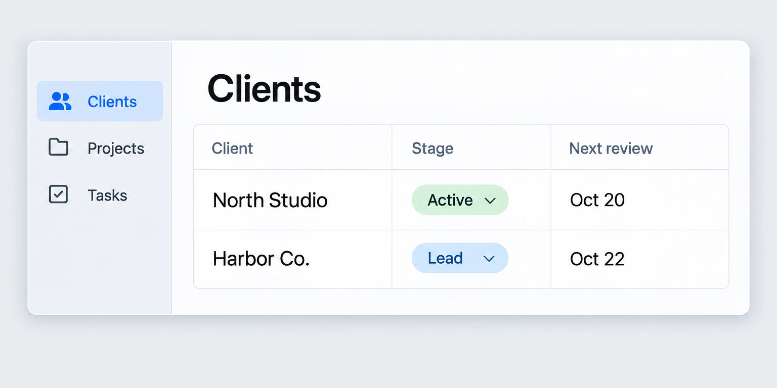 Clients database with Stage and Next review fields for North Studio and Harbor Co.