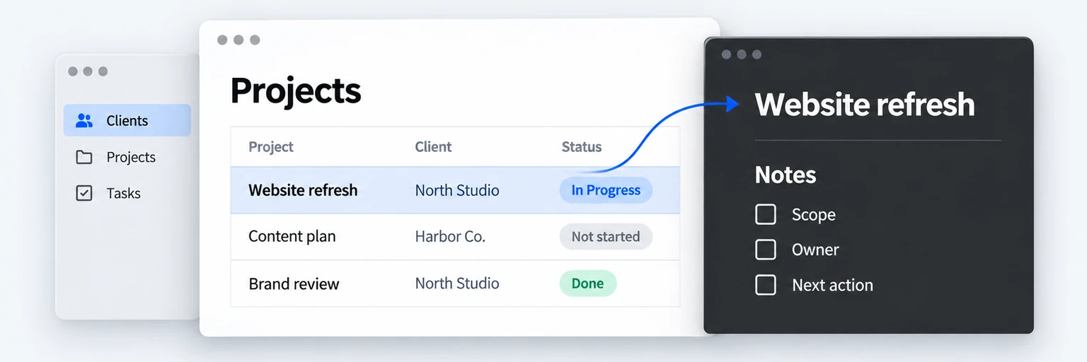 Projects database with client and status fields beside the Website refresh notes page
